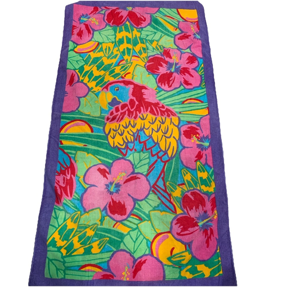 Vtg Summer Living Beach Towel Bright‎ Parrot Flowers Made On Hong Kong